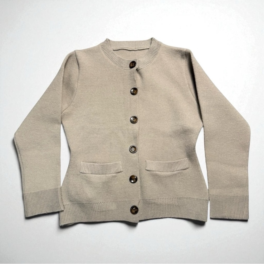 Beige Button Front Crewneck Cardigan w/ Pockets Classic Knit Women’s S